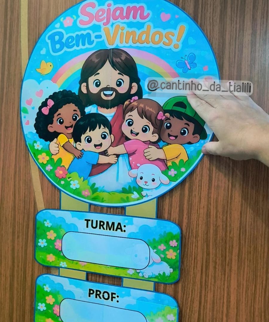 Plaquinha de Porta – Bem-vindos - Jesus Crianças arco íris!